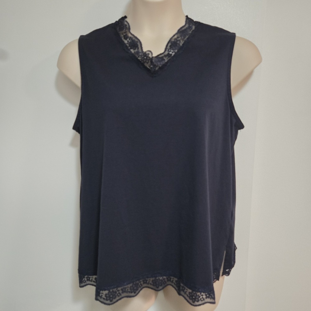 The Vermont Country‎ Store Size 1X Navy Blue V-neck Tank Top With Lace Detail